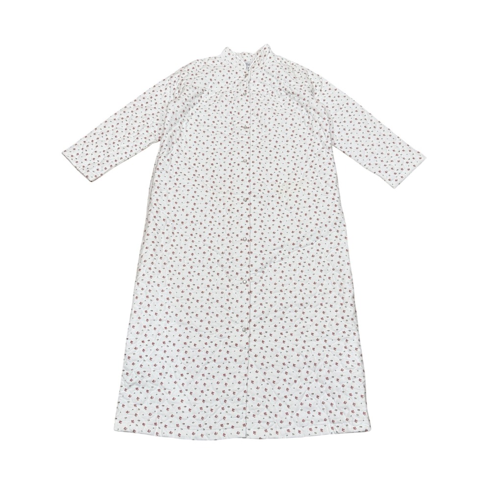 Vermont Country Store Quilted Flannel Floral Snap Front Duster Robe Large White